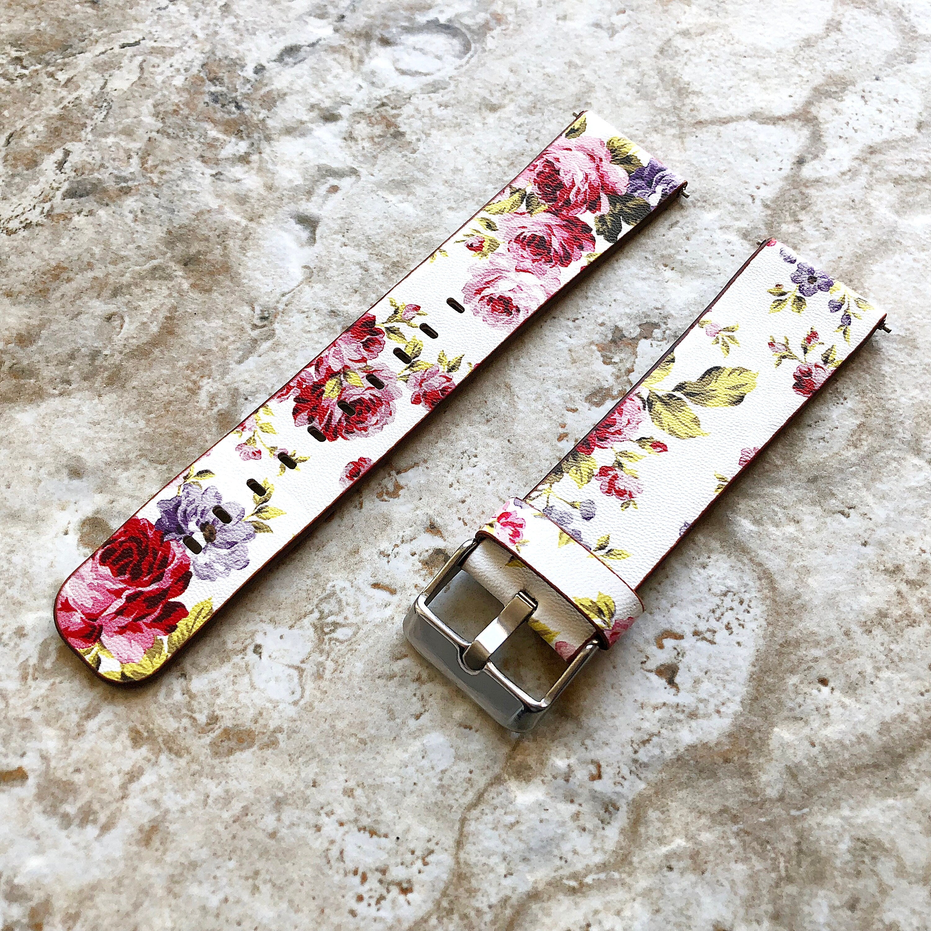 22mm Width Red Floral FL-3 Soft Leather Watch Strap Band for Wrist Hand Watches - Quick Release Pins Included Easy and Ready to Attach